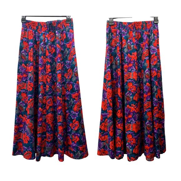 Vintage 80s Purple & Red Floral Rayon Midi Skirt | Full Skirt | Small - Picture 3 of 9